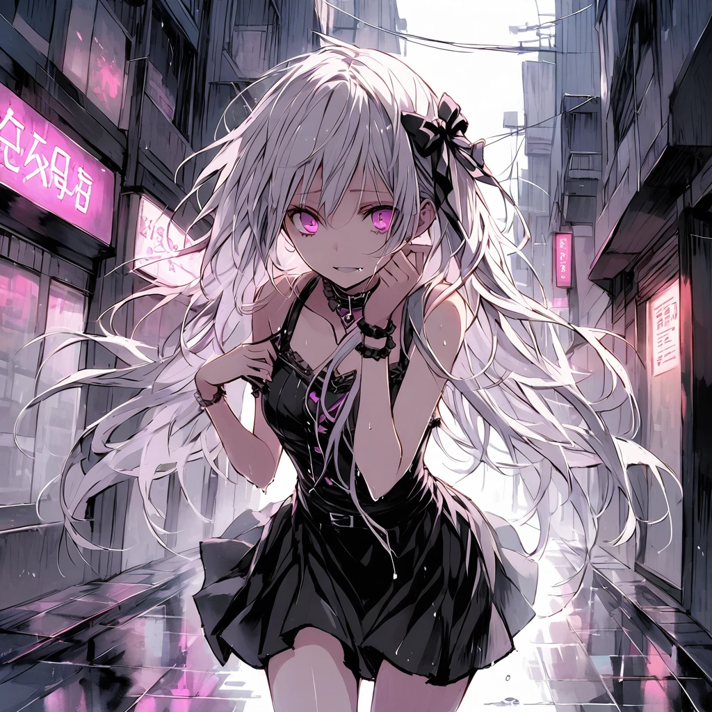 A psychopathic and mentally unstable young woman in her early 20s walks through a rain-soaked city at night, her face etched with an expression of deep despair. She has long, silver hair that falls over her shoulders, drenched and clinging to her skin. Her outfit is gothic and edgy, consisting of a black mini skirt and a dark, intricately designed top, embodying a "Jirai Kei" style. The vibrant neon lights of the city reflect off the wet pavement and onto her pale face, casting eerie hues of pink, blue, and purple. The streets around her are deserted, amplifying her sense of isolation, while the rain pours down relentlessly, mirroring her inner turmoil and despair.
