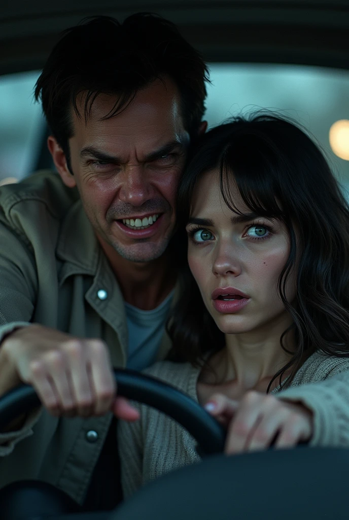 A male driver stares at a female passenger with a terrifyingly creepy face and the woman is terrified as she gets out of the car