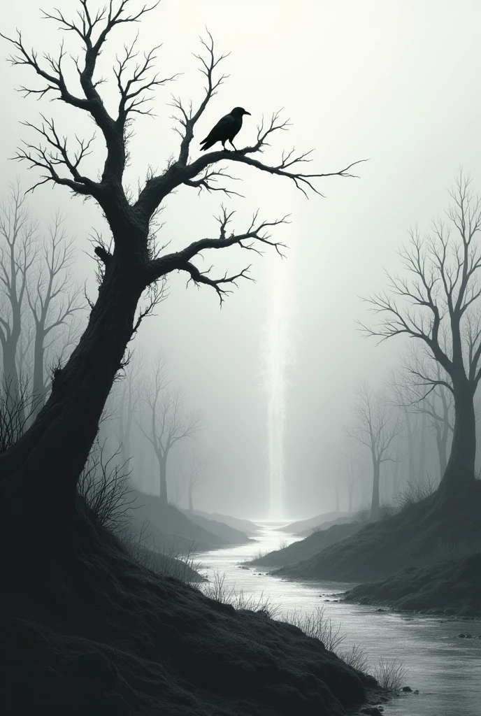 Create a landscape from a dead landscape, with a dry tree in the foreground, on which there is a branch and there is a crow standing on it, In the background a river that advances vertically in the image, with dry and dead trees in the distance, all this with a palette of black and white grey 