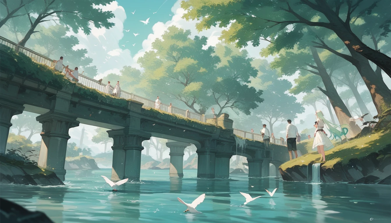 露肉Long hair，Become a，White light green hair，White clothes，People standing on the water，Bird&#39;s-eye view，Realistic skin，Perfect anatomical structure, Light blue eyes，Original hairstyle, Dynamic Angle，Bare belly，Large Breasts, Big Ass, Thin waist, Long hair,Good lighting, 