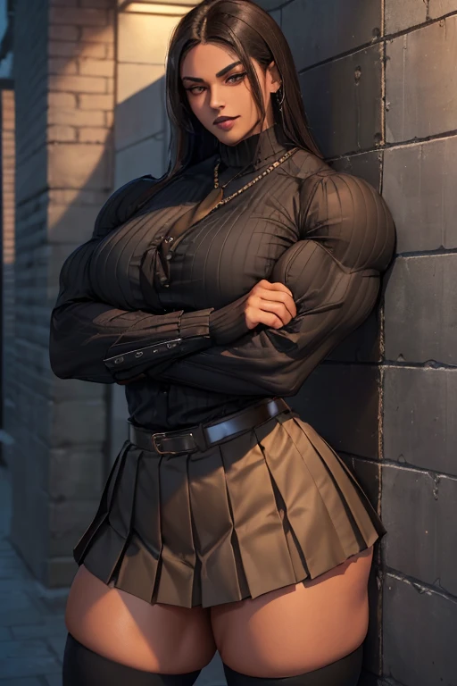 ((((Massive tall, beautiful, buff, light brown skinned muscular woman with black hair, black lipstick, ginormous bulky muscles, leaning on the wall crossed arms and wearing a black long sleeve pleated shirt with beautiful long pleated skirt)))), (close view), (massive muscles), long straight hair, ((chained belt)), orange eyes, choker, ((black long sleeve pleated shirt and tie)), neck tie, ((beautiful long pleated skirt)), belt, thigh high socks, black boots, (at a nightly Campus), closed smile, night, massive muscles