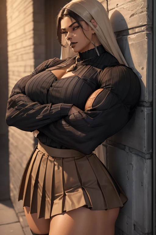 ((((Massive tall, beautiful, buff, light brown skinned muscular woman with black hair, black lipstick, ginormous bulky muscles, leaning on the wall crossed arms and wearing a black long sleeve pleated shirt with beautiful long pleated skirt)))), (close view), (massive muscles), long straight hair, ((chained belt)), orange eyes, choker, ((black long sleeve pleated shirt and tie)), neck tie, ((beautiful long pleated skirt)), belt, thigh high socks, black boots, (at a nightly Campus), closed smile, night, massive muscles
