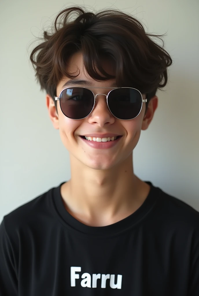 A teenager handsome ,cute boy in black t-shirt name farru on it with sunglasses only half photo