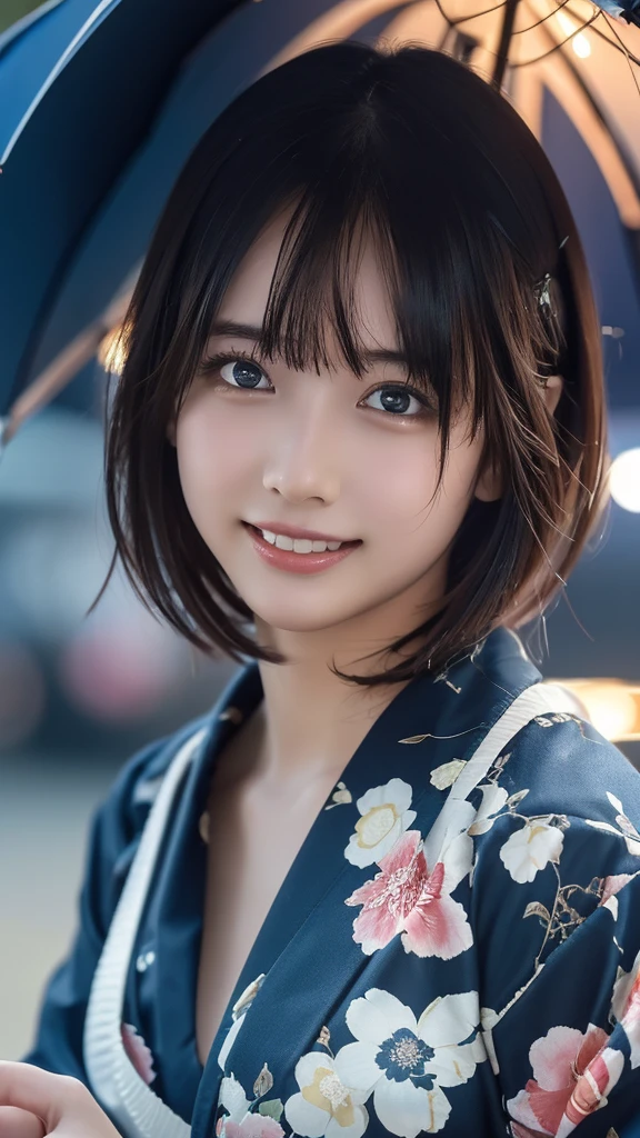 ((masterpiece, Highest quality, High resolution)), Japanese high school girl、(Realistic: 1.4), A shy smile、Great face,Glossy lips、, short hair, (Beautiful Hair:1.5), Japanese patterned yukata、Long sleeve、Cleavage、Floral hair ornament、Beautiful legs、On the Beach、Fireworks at night、Looking up at the fireworks、Side angle, Smooth, Highly detailed CG composite 8K wallpaper, High resolutionのRAWカラー写真, Professional photography, Light, BackLight, impressive, Written boundary depth, (Face close-up:1.4)