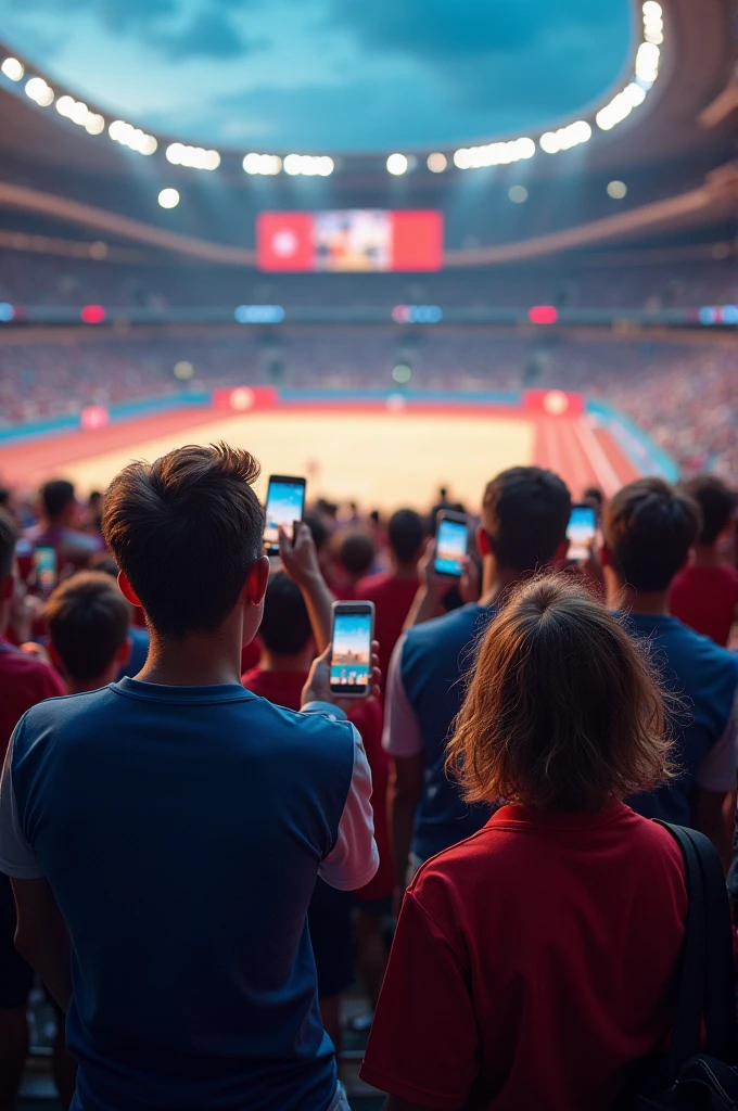 Croud seeing Olympic on mobile and in stadium