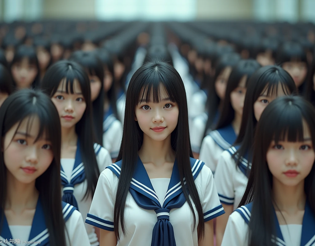 (Japanese Clone-girls=Myself), (Super Best masterpiece Clone-girls Raw Photography Art), (16K, Highest quality, Ultra-high resolution, RAW Photos), (It's so unrealistic., With unparalleled depiction, With an unfathomable sight, An unprecedented and shocking worldview, Clone-girls: In a world of mass reproduction, Ultra-realistic), (Japanese Girls, 16yo, Small face, Thick black hair, long hair, Dark Eyes, Mature face, かわいいsmile, Smiling face, A gentle gaze, Very pleasant look), (Very beautiful detailed girls, Accurate body structure, Accurate body movements, Very detailed body, (Super big breasts, Large bulge of ample breasts)), (Schoolgirl uniform, Short sleeve, mini skirt, Emphasise the fullness of your breasts), (Very detailed, Myself cloning, Depiction of splitting oneself, 1Myself girl→1,000,000,000,000,000,000,000,000,000,000Myself cloning girls), (Very detailed and intricate, Myself clone-girlsから, Myself's body is multiplying, A perfectly matched depiction, (In the same female body,With the same face, With the same hairstyle, In the same clothes, At the same height, 同じSuper big breasts)), (Myself girls only), Academy, gym, stage, academic level, Commemorative photo depiction, Group photo, Tiered stage photography, smile, Front view