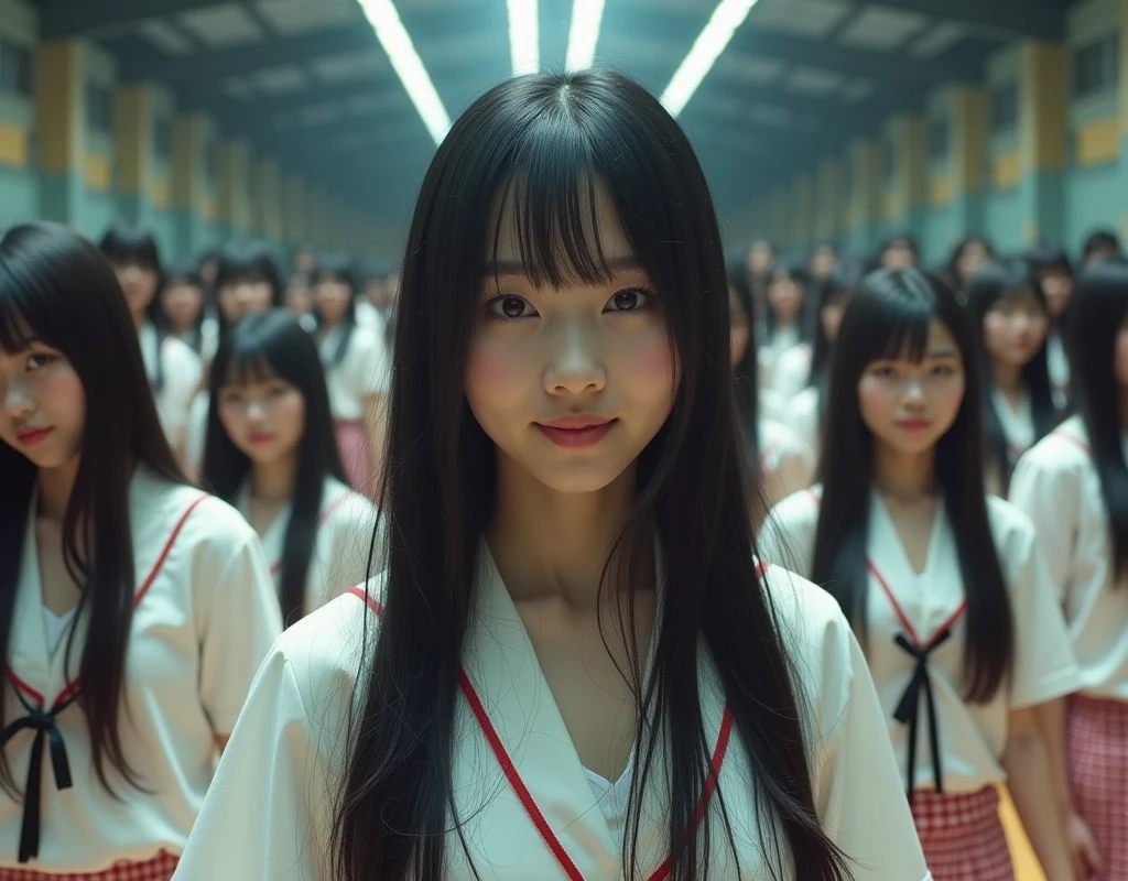 (Japanese Clone-girls=Myself), (Super Best masterpiece Clone-girls Raw Photography Art), (16K, Highest quality, Ultra-high resolution, RAW Photos), (It's so unrealistic., With unparalleled depiction, With an unfathomable sight, An unprecedented and shocking worldview, Clone-girls: In a world of mass reproduction, Ultra-realistic), (Japanese Girls, , Small face, Thick black hair, long hair, Dark Eyes, Mature face, かわいいsmile, Smiling face, A gentle gaze, Very pleasant look), (Very beautiful detailed girls, Accurate body structure, Accurate body movements, Very detailed body, (Super big breasts, Large bulge of ample breasts)), (Schoolgirl uniform, Short sleeve, mini skirt, Emphasise the fullness of your breasts), (Very detailed, Myself cloning, Depiction of splitting oneself, 1Myself girl→1,000,000,000,000,000,000,000,000,000,000Myself cloning girls), (Very detailed and intricate, Myself clone-girlsから, Myself's body is multiplying, A perfectly matched depiction, (In the same female body,With the same face, With the same hairstyle, In the same clothes, At the same height, 同じSuper big breasts)), (Myself girls only), Academy, gym, stage, academic level, Commemorative photo depiction, Group photo, Tiered stage photography, smile, Front view