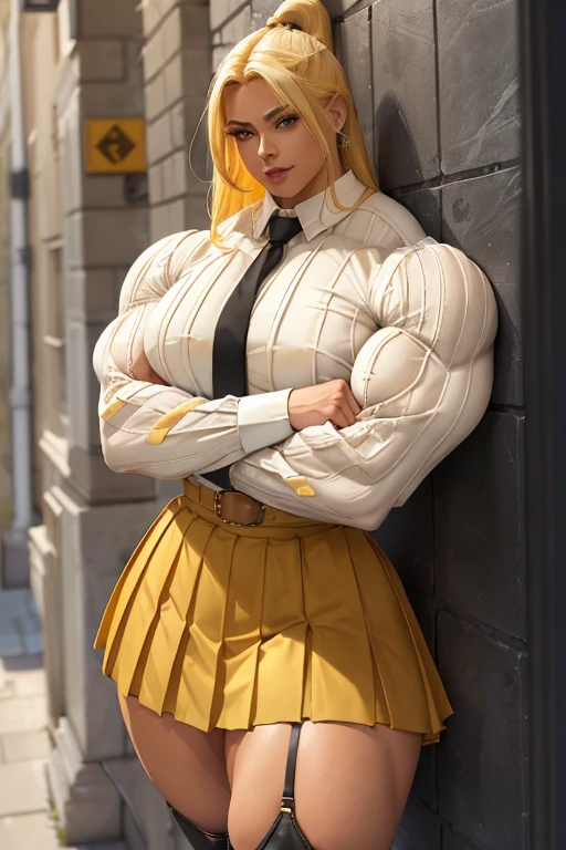 ((((Massive tall, beautiful, buff, light brown skinned muscular woman with yellow hair, black lipstick, ginormous bulky muscles, leaning on a wall crossed arms and wearing a yellow long sleeve pleated shirt with beautiful long pleated skirt)))), (close view), (massive muscles), long flowing hair, ((chained belt)), gray eyes, choker, ((yellow long sleeve pleated shirt and tie)), neck tie, ((beautiful long pleated skirt)), belt, thigh high socks, black boots, (at a nightly Campus), closed smile, night, massive muscles