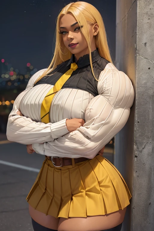 ((((Massive tall, beautiful, buff, light brown skinned muscular woman with yellow hair, black lipstick, ginormous bulky muscles, leaning on a wall crossed arms and wearing a yellow long sleeve pleated shirt with beautiful long pleated skirt)))), (close view), (massive muscles), long flowing hair, ((chained belt)), gray eyes, choker, ((yellow long sleeve pleated shirt and tie)), neck tie, ((beautiful long pleated skirt)), belt, thigh high socks, black boots, (at a nightly Campus), closed smile, night, massive muscles