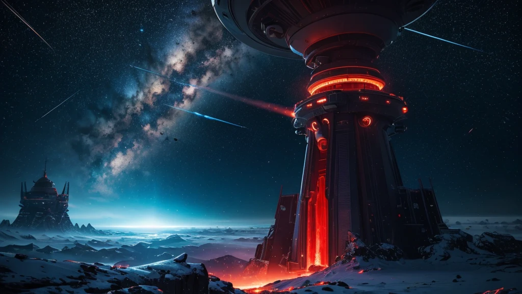 ((masterpiece)),((Highest quality)),((High Detail)),nobody,background, sf, Space Station, planet, comet, Blue and red light, Ice and Fire, Mysterious Tower