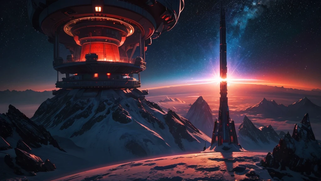 ((masterpiece)),((Highest quality)),((High Detail)),nobody,background, sf, Space Station, planet, comet, Blue and red light, Ice and Fire, Mysterious Tower