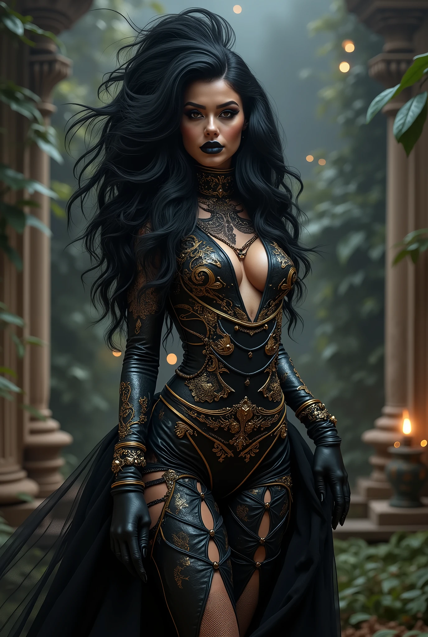 body Dragqueen in rococo punk costume wearing rococo punk outfit, black long hair, black eyes, black lipstick lips,g rococo punk fantasy style, (rock punk), rock punk beautiful goddess, rock punk girl, rock punk inventor girl, metal rock punk, Set in a rock punk world, dark rock punk concept