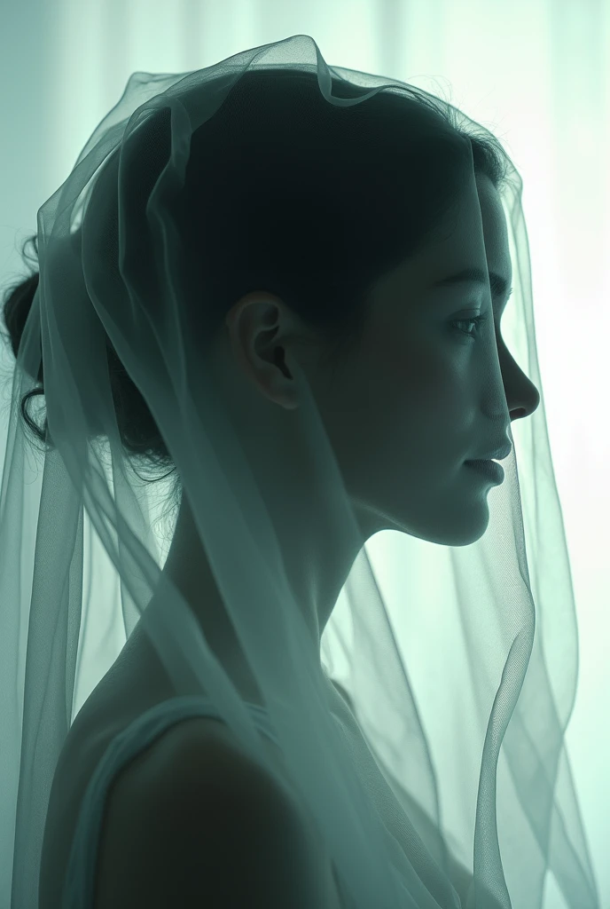 Make a silhouette of a face witha translucenf veil partially covering it. The veil must have flowing wavy lines that looks like moving. Only a hint of smile is visible 