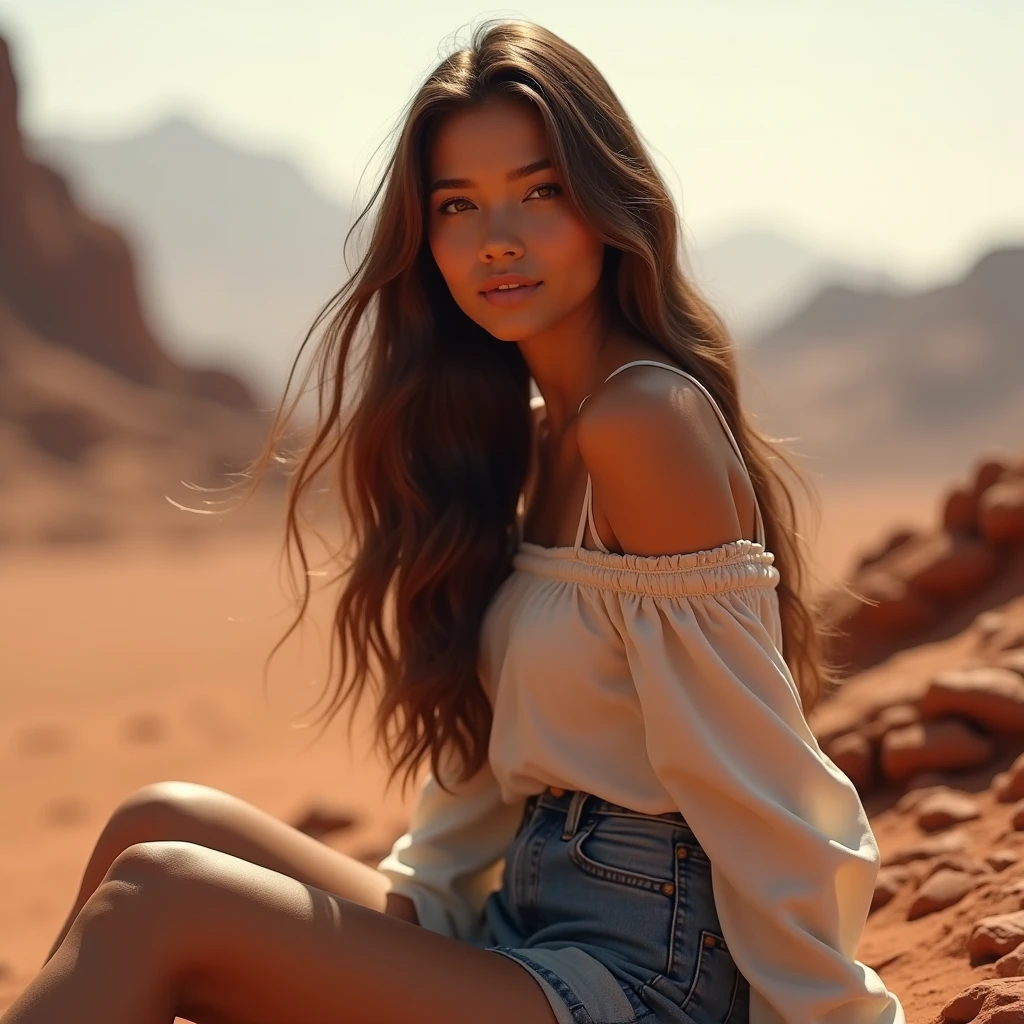 1girl, outdoors, depth of field, perfect quality, photorealistic, long hair, brown hair, smile, shirt, sleeveless, shoulder off shoulder, long sleeves, denim skirt, sitting, view from side, mountains in mars. 