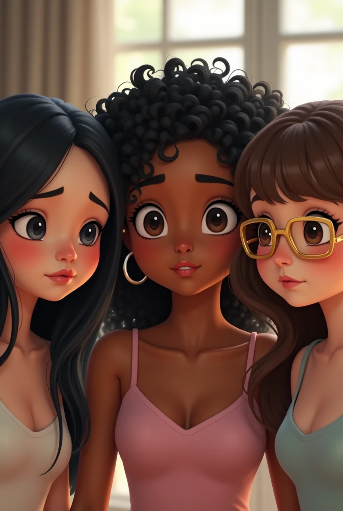 A trio of best friends. an asian, white, of black hair at breast height, eyes black, with round, reddish cheeks, and a shy expression/stressed (without any accessories). A outra é white com olhos grandes e castanhos, large eyelashes, curly hair with no volume and at the height of her small breasts, fine nose, silver hoop earrings, and a very lively expression. E a última é white dos cabelos longos lisos castanhos e com franja, brown and almond shaped eyes, with thin, golden rectangular glasses!!, nose a little wide, She has a bored expression and watches her friends.