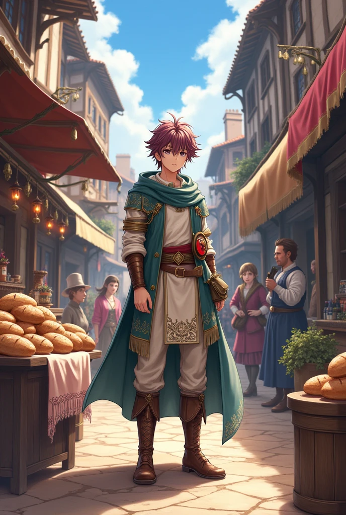 anime character man in medieval where evebody are wearing medieval clothes in marketplace