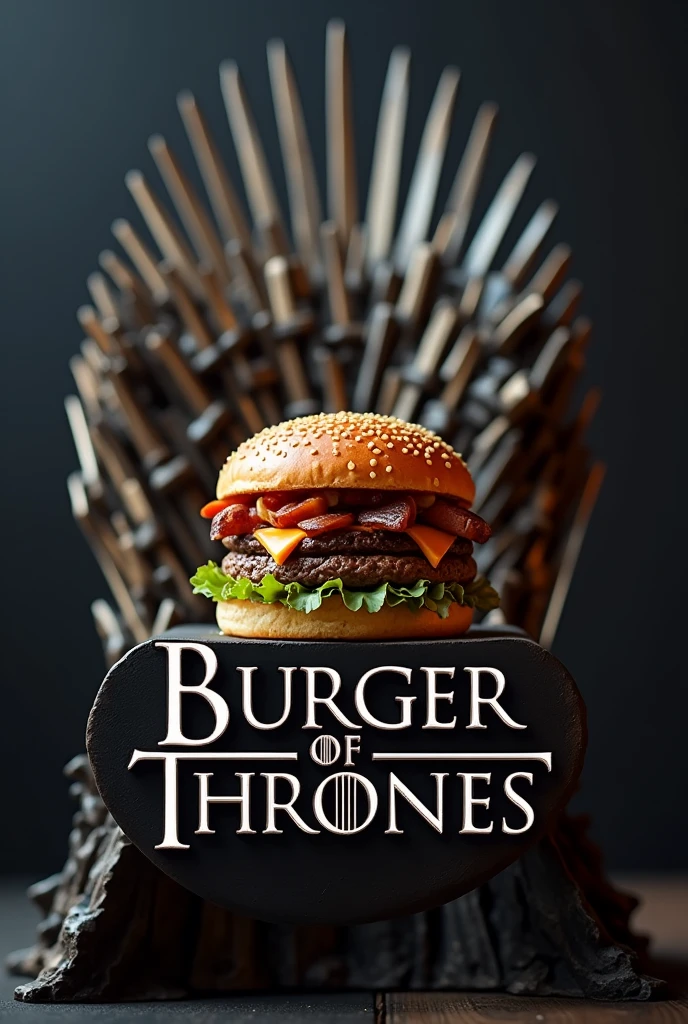 create a round-shaped photo with the name burger of thrones. with the theme of GOT, a burger sitting on the iron throne and with the font of the series