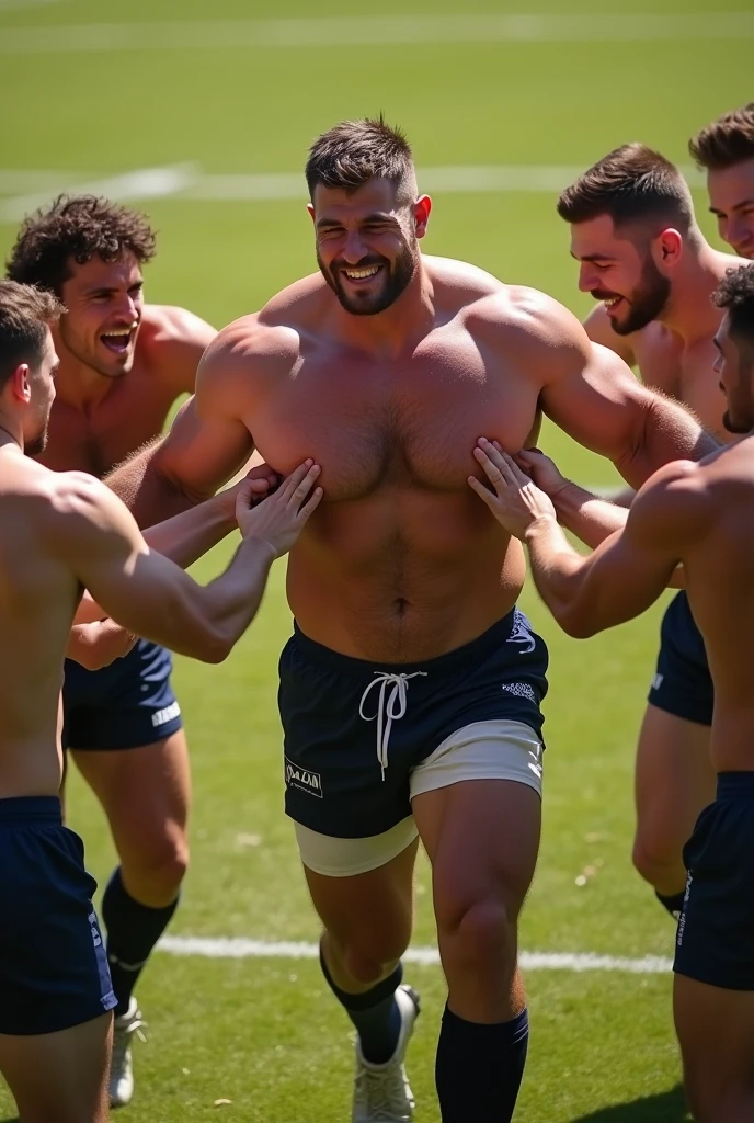 shot of a arafed rugby player , day is beautiful ,stand with short hair and a muscular, he is shirtless gigant hairy chest. He is being pushed onto the field by his teammates. The player is shirtless only in jockstrap , olmost naked , His teammates laufing are surrounding him, removing his clothes and touching his body parts. The background is a rugby field with grass and a white line. The lighting is bright ,