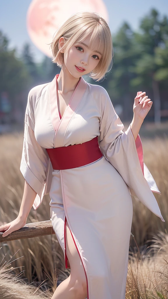 (Ultra high definition,Very sophisticated,Perfect Face,Age is 16,Highest quality,Realistic raw texture,Realistic,Natural smile,Pink platinum blonde,Sexy hairstyle:1.5),(Slender and exquisite physique,Stylish thin eyebrows,Big Breasts:1.2),(see through,Japanese clothing,Hanbok,Chinese clothing,Traditional Kimono,Short-haired rabbit ears,I can see your chest:1.4),(perfect body,perfect proportion,The torso is short,Red full moon and silver grass background,Time: Night:1.3),