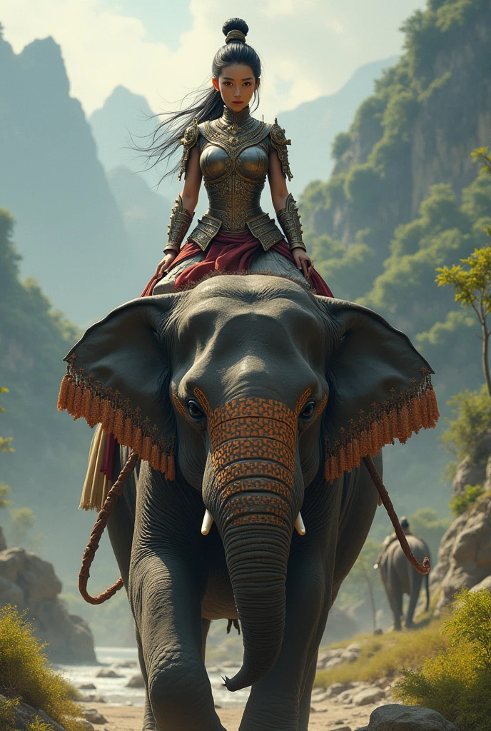 a female asian worrier riding on the head of an elephant during 16th century rakhine
