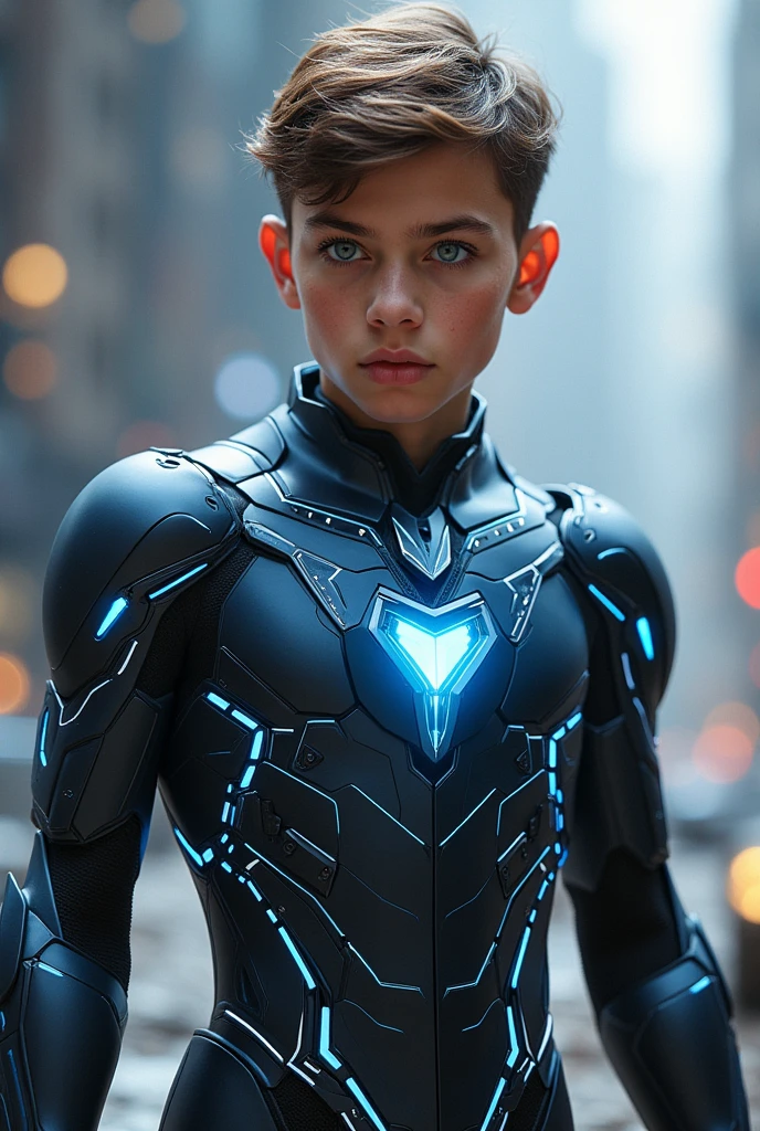 A 17 YEAR BOY WITH BROWN HEARS WITH HUNTER BLUE EYE SUPERHERO nenotech suit
