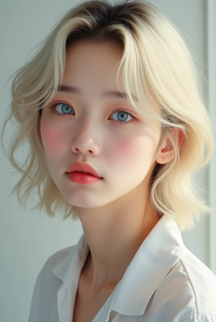 Handsome soft Korean man with blue eyes and middle long blonde hair white skin