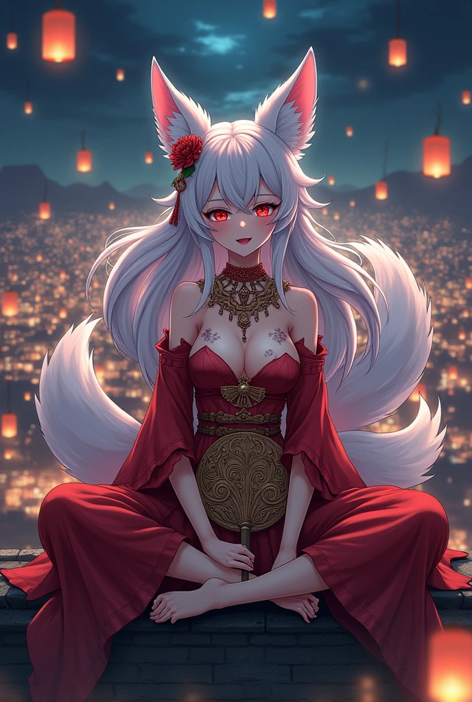 Create a drawing of a female anime character who is a nine-tailed fox spirit., very beautiful face, ghostly smile, shifty, sharp eyes, wearing red costume, sexy full body jewelry, flower tattoo on chest, behind are nine tails there are nine tails, đang nở ghostly smile, sharp fangs sitting on the roof legs crossed, Hand holding an ancient round fan with exquisite carvings, looking down at night to see a bustling citadel with sparkling lights., lanterns all over the sky but not a soul