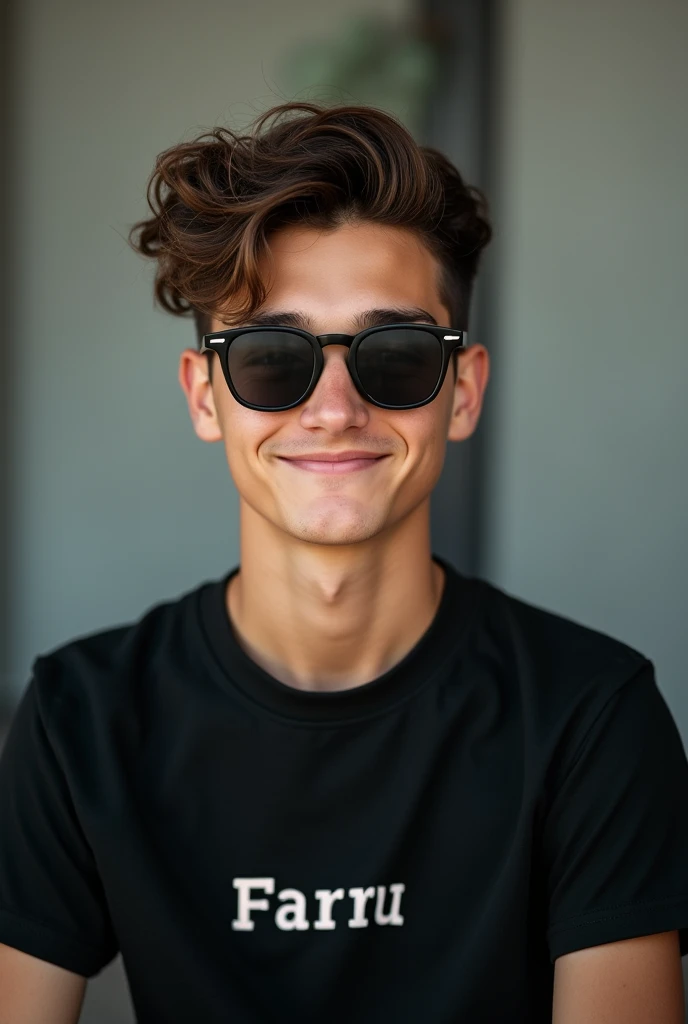 A  young  handsome ,cute  boy in black t-shirt  name farru on it with  sunglasses   only half photo 