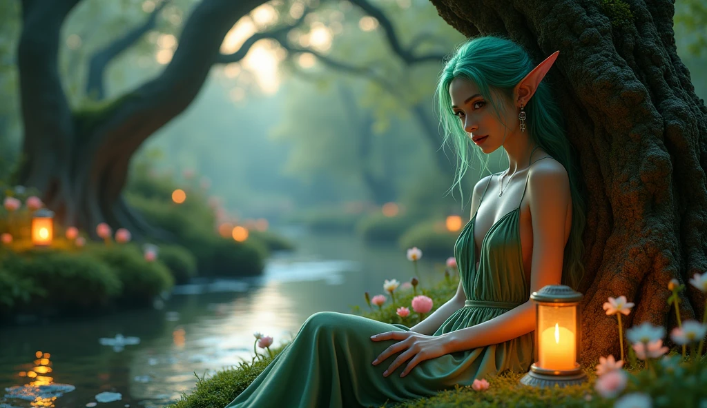 Setting: A serene, enchanted woodland at twilight, with a gentle stream reflecting the soft light of the setting sun.
Description: An alluring elf with emerald-green hair and piercing eyes, wearing a low-cut, flowing dress that clings to her form. She leans gracefully against an ancient tree, surrounded by softly glowing lanterns and blooming flowers. Her skin glows faintly in the twilight, and her pointed ears are adorned with delicate silver earrings. The background features a tranquil stream, ancient trees with twisted branches, and a sky painted with the colors of sunset, creating a peaceful and enchanting atmosphere that invites relaxation and a sense of calm. Aim for realistic depiction, make sure photos are at highest resolution (8K)
