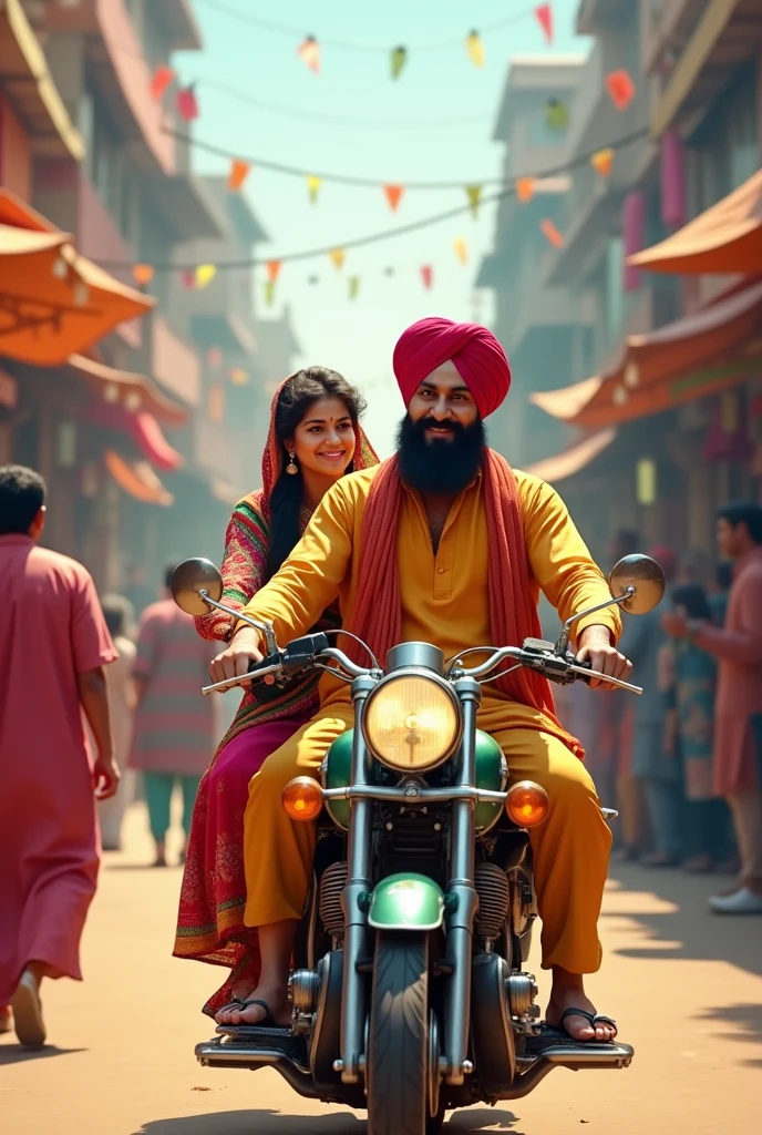 Punjabi men & panjabi women traveling on motorcycle