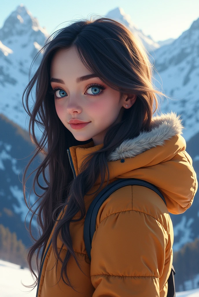 realistic dream painting style, beautiful young happy very beautiful girl, blue charming eyes, sophisticated face, brown black long hair, winter warm jacket, black panties, mountains (airbrush painting, detailed style), soft lighting, 8k