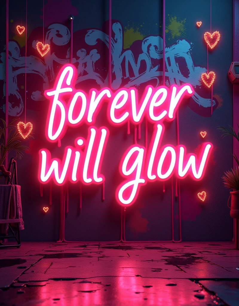 NFT art: background neon words: ( forever love will glow) :red hearts, neon graffiti background with hearts and lights sparkle hearts