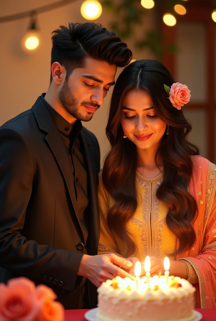A Pakistani, boy, clean shaved, age 21, formal dressing and Pakistani girl in shalwar qameez, sliky hairs, flower in hair stand and celebrating birthday, cutting cake