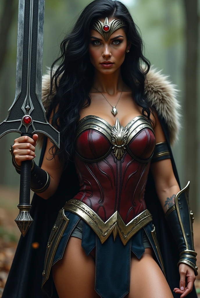 (((In extreme close-up a beautiful woman with long black hair under the cloak of the Amazon warrior Wonder Woman black jumpsuit (((Red corset with a wide silver metal eagle covering her breasts as an emblem))),(((Dark silver metal bracelets))),(((Long black boots up to her knees with gold trim)),(((Sheepskin on his shoulders))),(((Tattoos on one of her arms and a wide silver metal headband with a red ruby on her forehead)))Giant Viking style sword in his hand))),(((Wonder Woman Vikingo)))