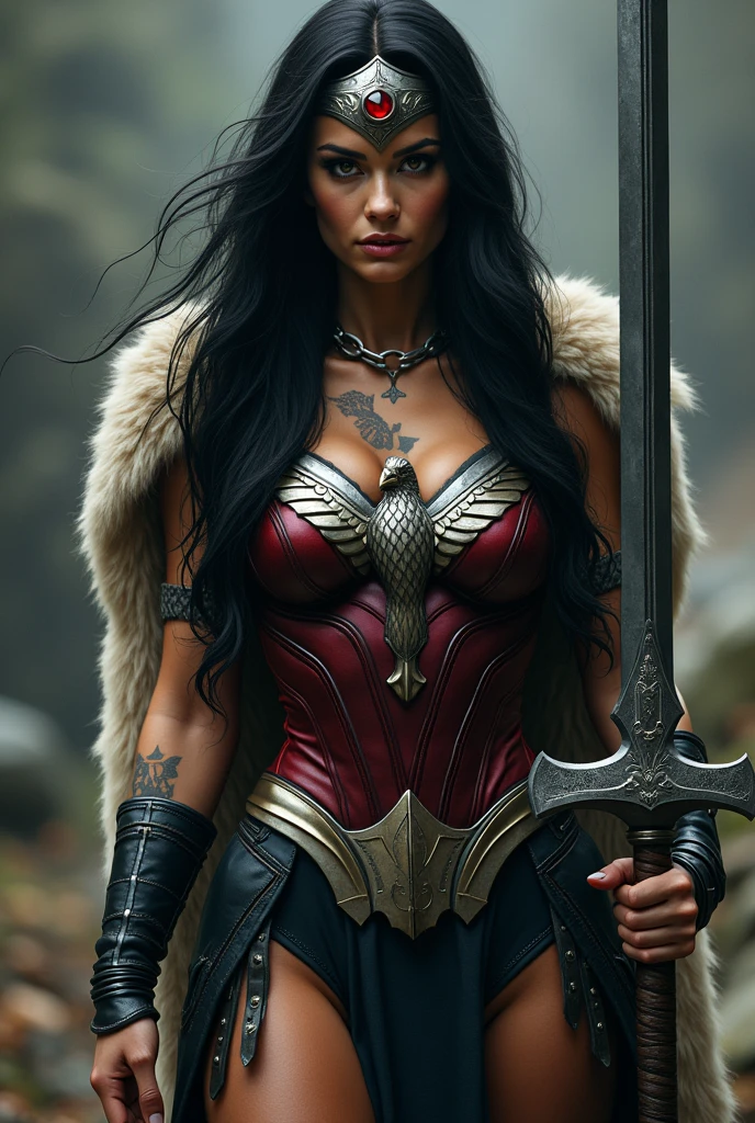 (((In extreme close-up a beautiful woman with long black hair under the cloak of the Amazon warrior Wonder Woman black jumpsuit (((Red corset with a wide silver metal eagle covering her breasts as an emblem))),(((Dark silver metal bracelets))),(((Long black boots up to her knees with gold trim)),(((Sheepskin on his shoulders))),(((Tattoos on one of her arms and a wide silver metal headband with a red ruby on her forehead)))Giant Viking style sword in his hand))),(((Wonder Woman Vikingo)))