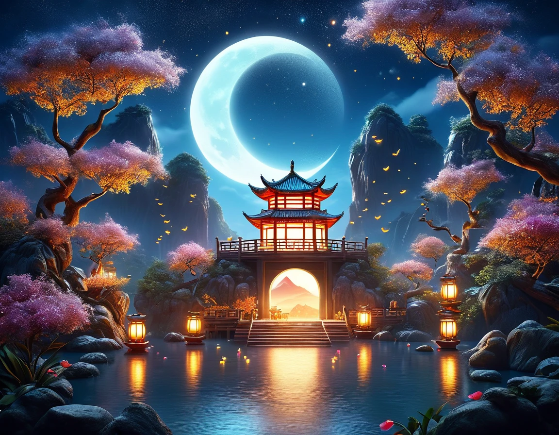 A charming night scene in 3D art style, A peaceful Mid-Autumn Festival. The scene is filled with miniature mooncakes, Little people sawing wood and delivering moon cakes under the osmanthus tree. Half moon cake with melted fillings，Place on the desktop, Osmanthus petals scattered around. The moon hangs in the sky, Dazzling colorful mountains, Winding River, Small boat, There are also small houses in the style of Chinese landscape paintings.. A small pavilion sits on top of a mountain., The moonlight gently illuminates the surroundings. The sky spreads out like velvet soaked in ink, Dotted with countless twinkling stars，Like a jewel from heaven. The environment is bathed in the soft glow of the stars and the moon, Create fantastic, surreal atmosphere. The painting is rendered in bright colors, High contrast, And dopamine color matching, Evoke Y2K style，Three-dimensional ancient oriental poetic theme.