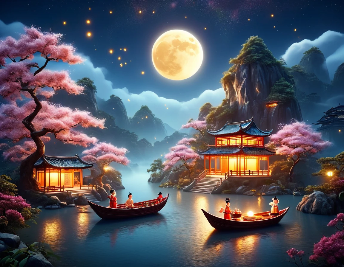 A charming night scene in 3D art style, A peaceful Mid-Autumn Festival. The scene is filled with miniature mooncakes, Little people sawing wood and delivering moon cakes under the osmanthus tree. Half moon cake with melted fillings,Place on the desktop, Osmanthus petals scattered around. The moon hangs in the sky, Dazzling colorful mountains, Winding River, Small boat, There are also small houses in the style of Chinese landscape paintings.. A small pavilion sits on top of a mountain., The moonlight gently illuminates the surroundings. The sky spreads out like velvet soaked in ink, Dotted with countless twinkling stars,Like a jewel from heaven. The environment is bathed in the soft glow of the stars and the moon, Create fantastic, surreal atmosphere. The painting is rendered in bright colors, High contrast, And dopamine color matching, Evoke Y2K style,Three-dimensional ancient oriental poetic theme.