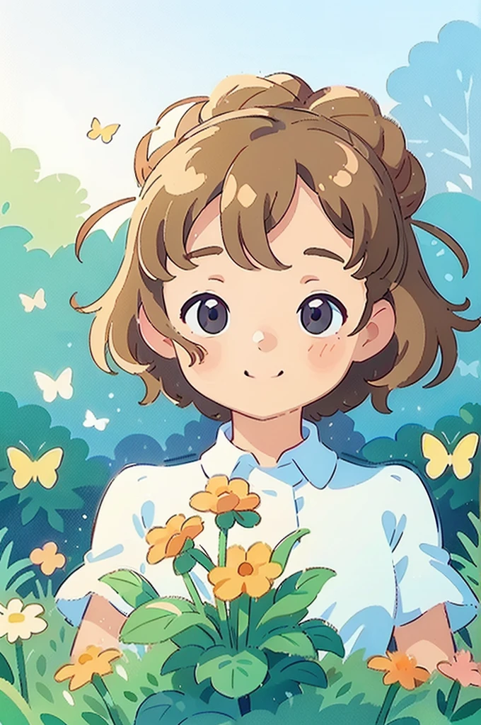 （best qualtiy，tmasterpiece，Hyper-realistic），1 beautiful and delicate portrait of a girl，ssmile，The background view is the garden，Flowers and butterflies fly around。