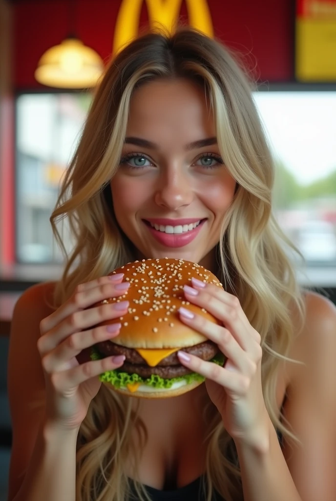 Create a realistic image of a 20 year old woman, long blonde hair, blue eyes, cheekbones, ((full body)), eats a hamburger at Mcdonnald's, background image: Mcdonnald's, from head to feet, full body, hyper realistic photo