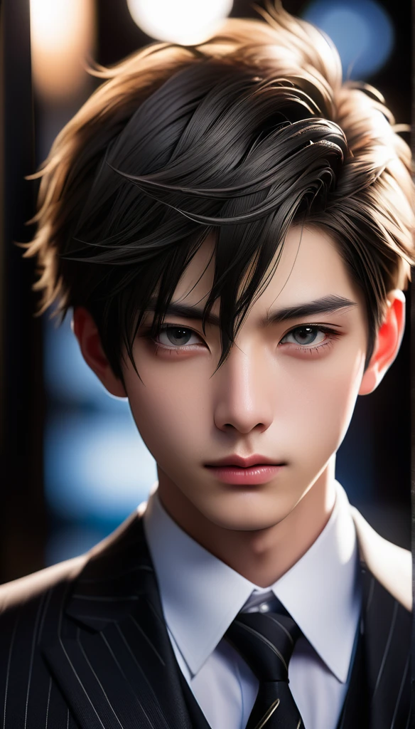 Meticulous, analog style, focus on the eyes, highest quality, (highly detailed skin), photo of very handsome pale skin Japanese boy, 2, (wearing suit), perfect face, pore skin, (penetration:0.5), black background, (bokeh:0.6), sharp focus, grainy lighting, (backlight:0.7), film grain, photographed with Sony A7R IV camera, 18mm F/1.7 cine lens, (highly detailed, intricate detail), 8k, HDR, front view, (upper body: 0.9)