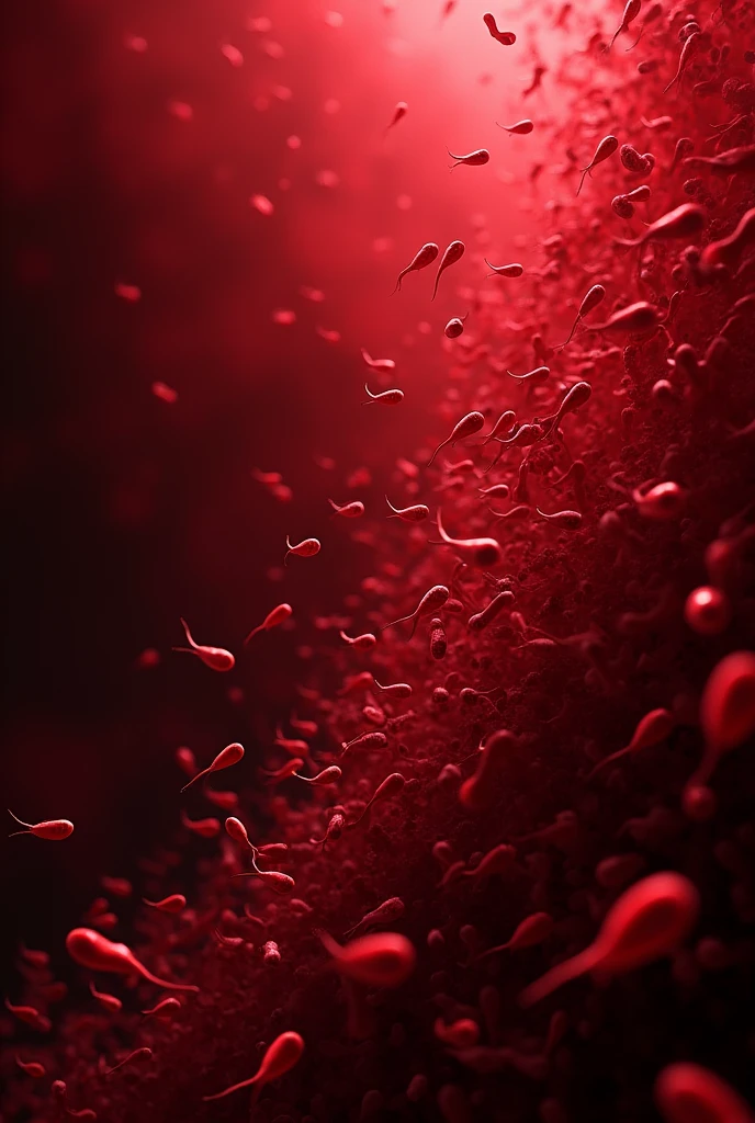 Millions of sperm on a dark red background
