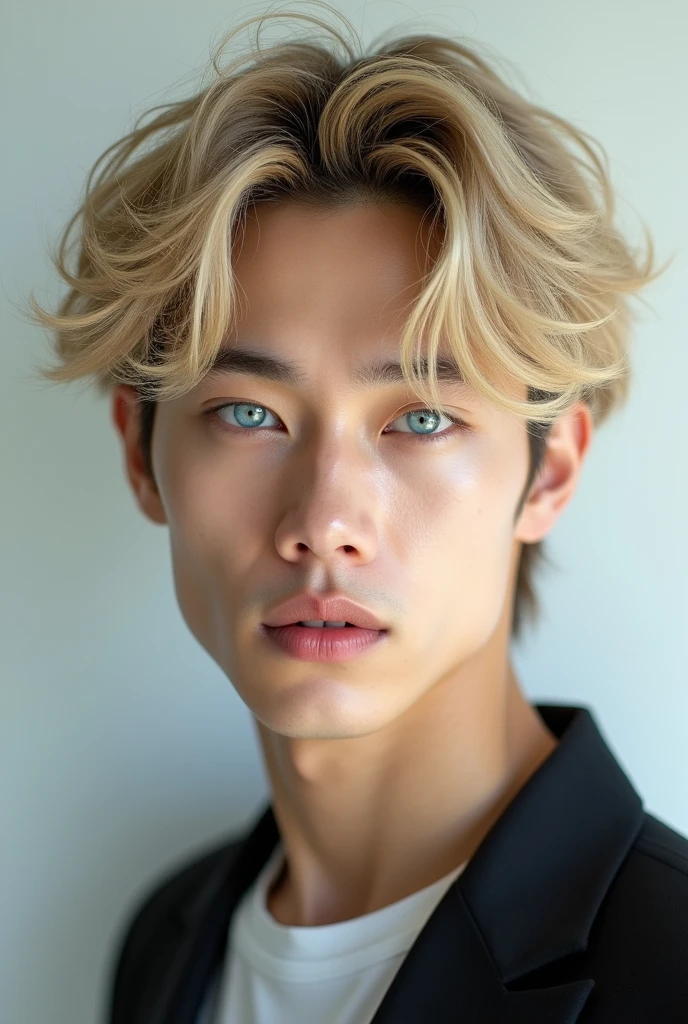 Handsome Korean man with blue eyes and middle long blonde hair white skin 