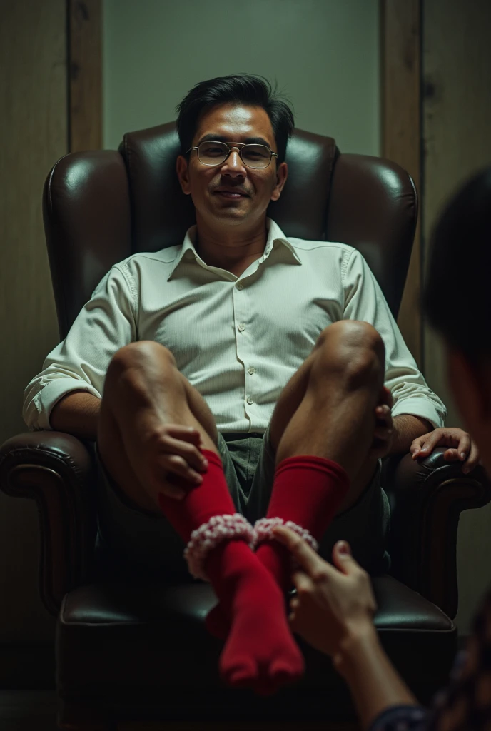 There is a handsome young Malay businessman from Malaysia named Haqiem tangan,red stocked feet tied to a chair and eyes covered with a cloth The kidnapper held his feet tightly and tickled Haqiem&#39;s soles with the fur of the fronds and Haqiem laughed 
