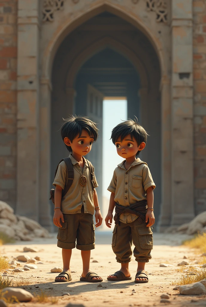 (photorealism:1.2), a 2 boy, standing outside of big ancient gate, relaxing expression on face, dusty clothes, looking little pale .