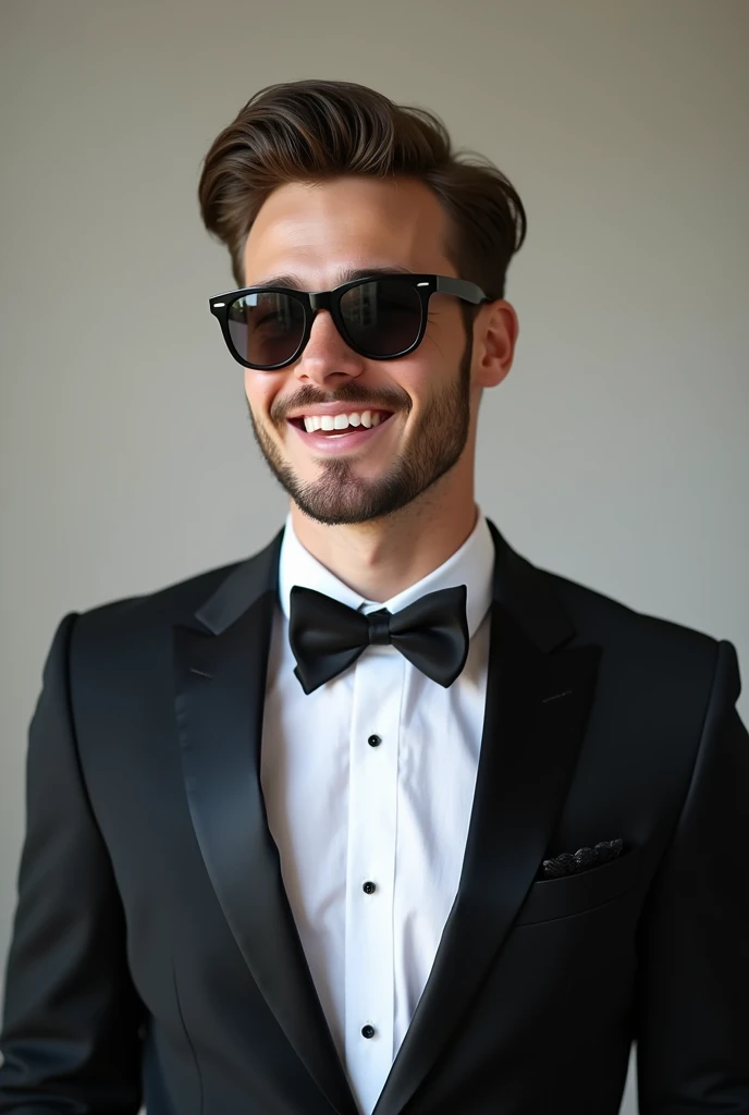 Handsome man wearing tuxedo suit smiling wearing sunglasses, young handsome man, medium close up, 1, without a beard