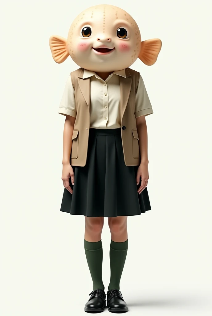 ((Highest quality)), ((photorealistic, hyperrealistic photo, portrait)), (front), (smile), The head of a pufferfish, A woman with a human body, She is wearing an off-white collared short-sleeved shirt, a light brown vest, a knee-length black skirt, dark green socks, and black shoes., Background is white, Photorealistic images,