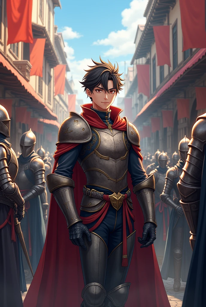 anime character man in medieval era where evebody are wearing armor in marketplace