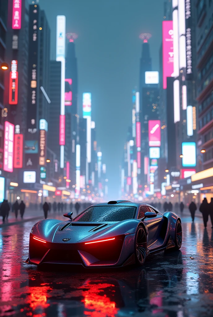 A car in a cyberpunk city with neon lights and  people walking 