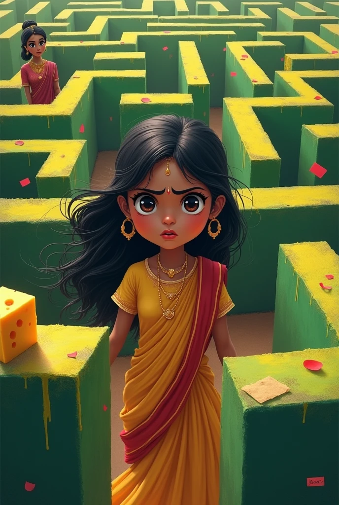 Maie the image of indian girl who in Indian simple dress with in anxious face moving in maze where cheese is present and near all change is needed ,enjoy change, adapting changes sentance written
Write near by queen and also write change sentence
Write the Queen on top make the young girl
Make this in maze
