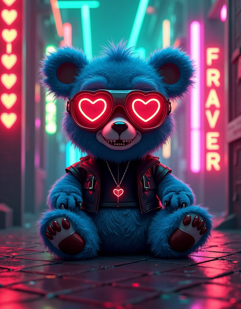 cool NFT art fashion:: black top fashion large neon glow glasses punk syle bear fur toy sitting to the camera:: background neon words: ( forever love glowing letters will glow) :red hearts and XXX, neon graffiti background with hearts and lights sparkle hearts on the foots and red roses everywhere, scene is like clip of song swallowed, VR mask on the head, red leather and green cloth fur highly detailed covered mirror cubes like disco ball, dark neon graffiti mode,  blue fur bear sitting in meditation,  on the background neon and metallic foil wall:: photo of 1 toy bear full body with fashion letters on it ROCKERS LOVE words ):: BEAR LOVE::, black mirror purple VR mask blue neon glow snowboard glasses and  pink fur fur glow and golden green panama ibiza style fashion, mouth is closing ,hug ( neon glow my  LOVE neon glow word :: ) with two red heart circle eyes in a style in mood and happy  smiling with teeth smile wearing a 
